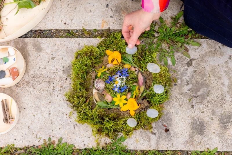 Moos, Schneckenhäuser, blaue und gelbe Blüten, eine Hand legt Kieselsteine